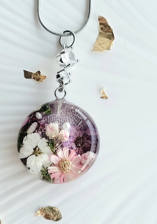 Blooming Meadow Pendant. Botanical necklace with real flowers