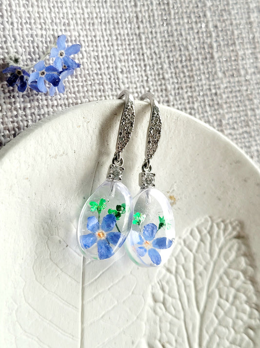Floral handcrafted earrings with real fogert me not.  Unique Gift. Unique Canadian jewelry