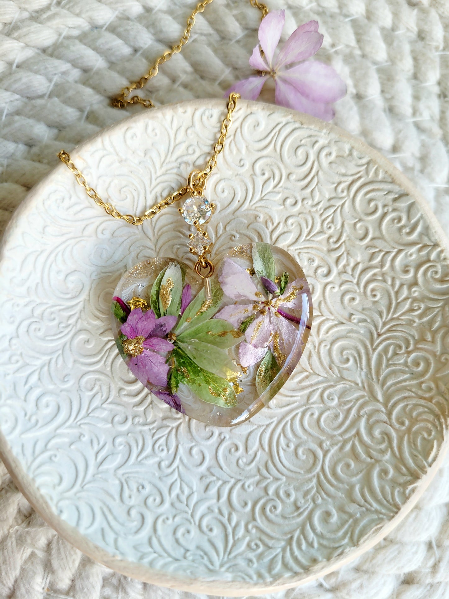 Floral botanical handcrafted heart necklace with genuine green and pink hydrangea