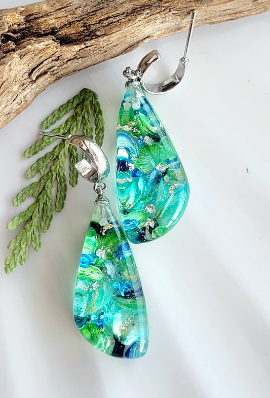 Botanical, handcrafted earrings with real flowers (genista). Unique Gift. Cottage core teal earrings. Canadian jewelry