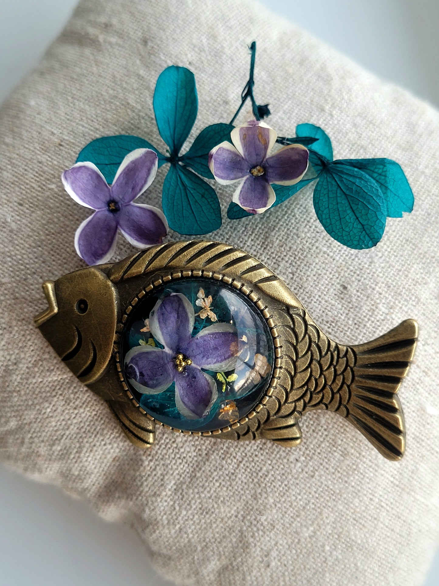 Botanical, handcrafted Lilac fish broach with genuine lilac