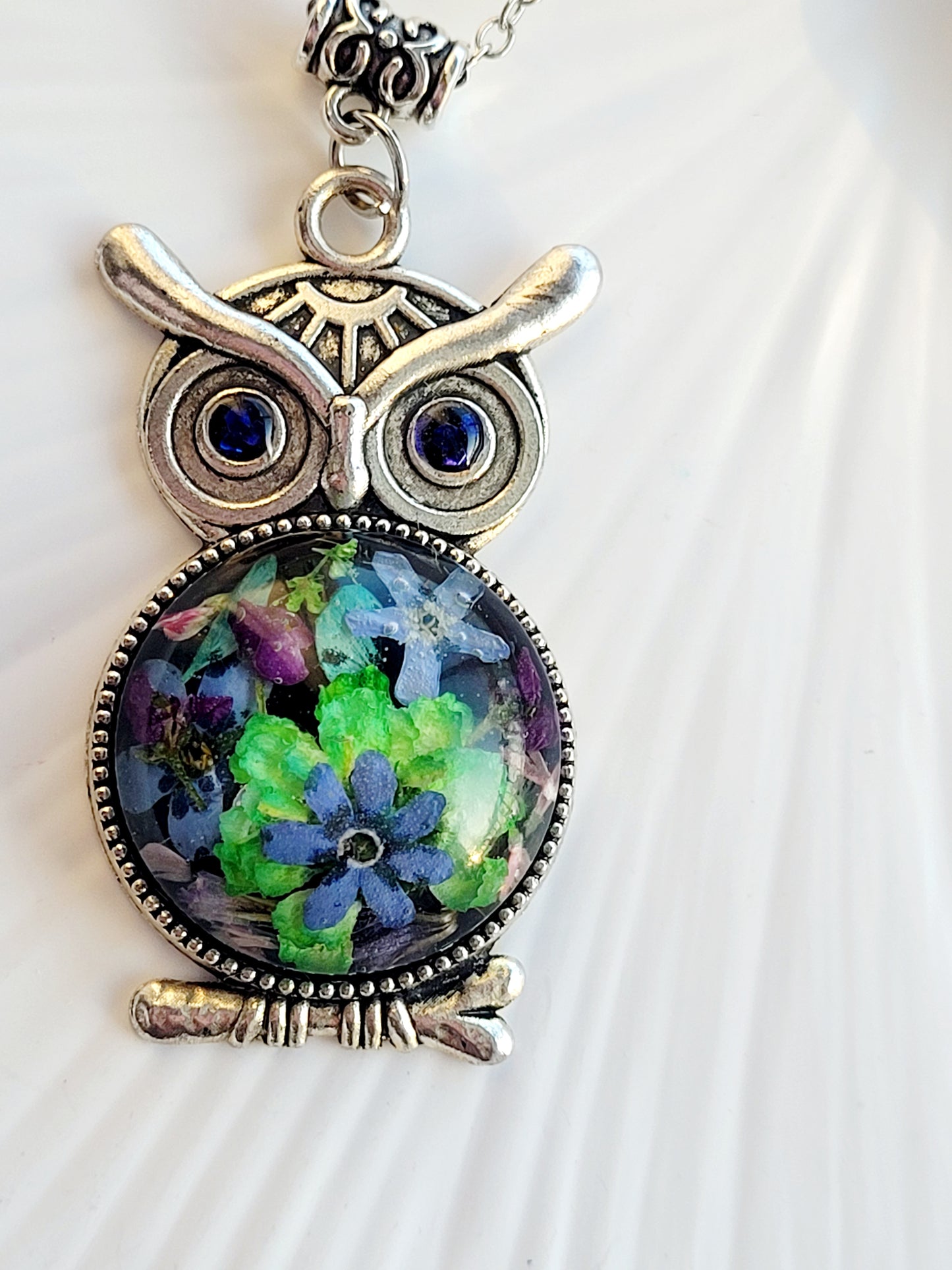 Handmade owl necklace with real foget me not and wildflowers Unique real flower jewelry.