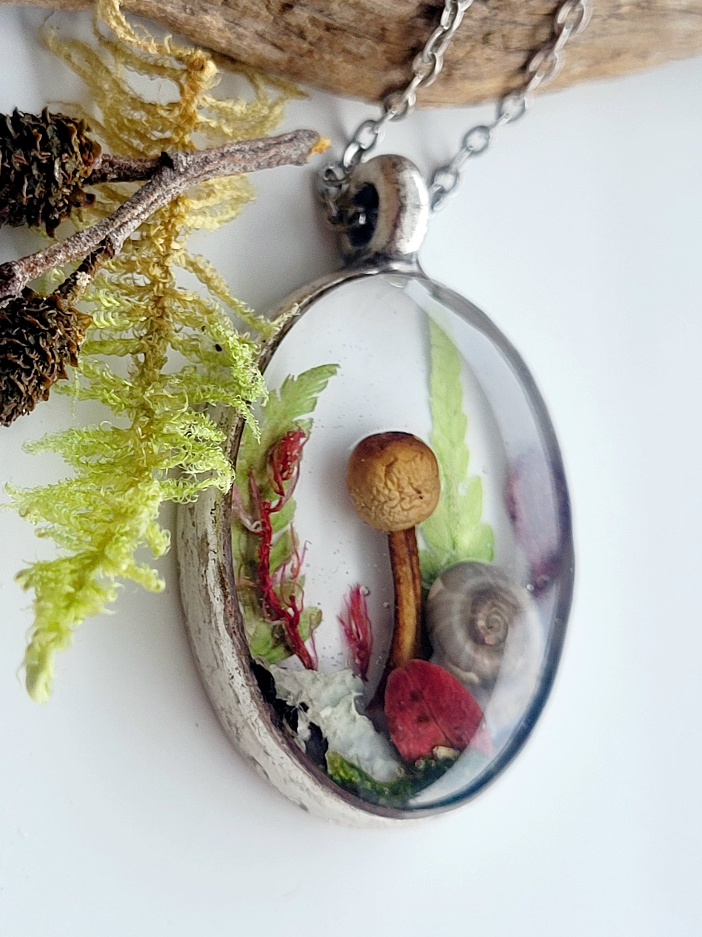 Botanical handcrafted mushroom necklace.