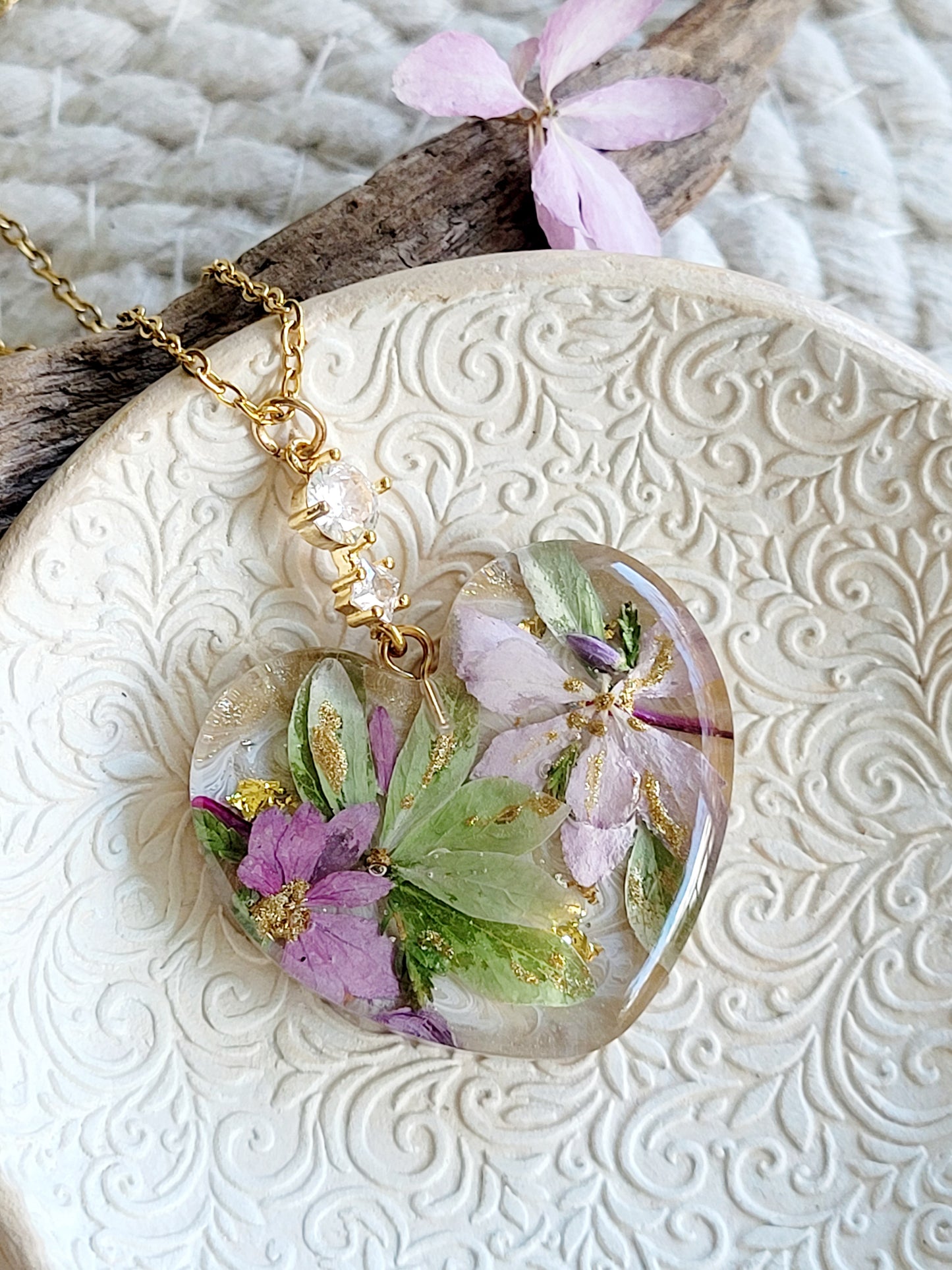 Floral botanical handcrafted heart necklace with genuine green and pink hydrangea