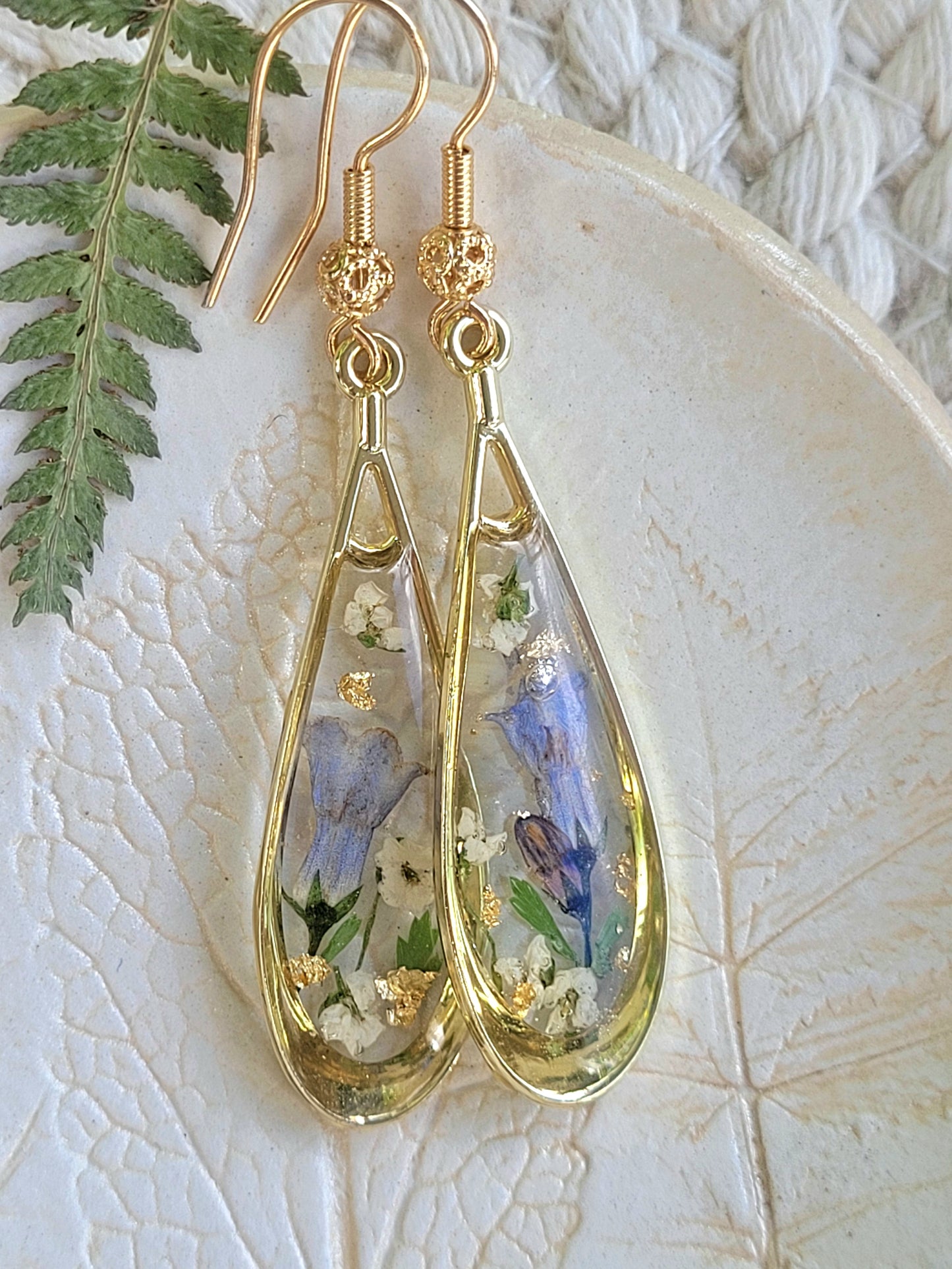 Botanical, handcrafted earrings with real blue bell flowers. Giftf or her. Unique Gift. Tear-drop earrings