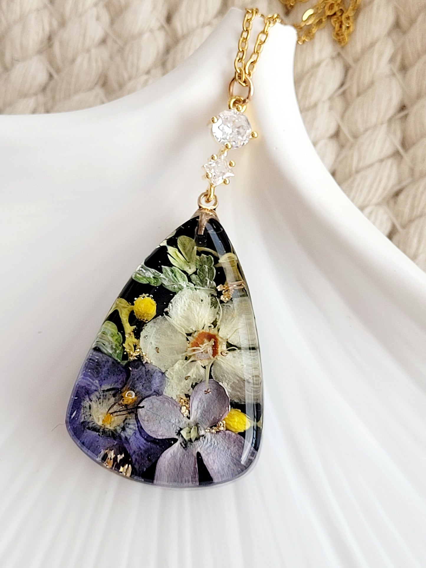 Floral handcrafted tear drop necklace with genuine crabapple and lilac flower