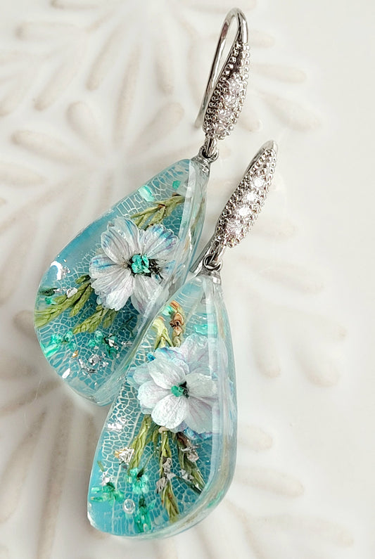 Botanical, handcrafted earrings with real flowers (white pearl flower). Unique Gift.