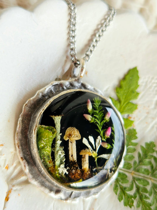 Botanical handcrafted mushroom necklace.
