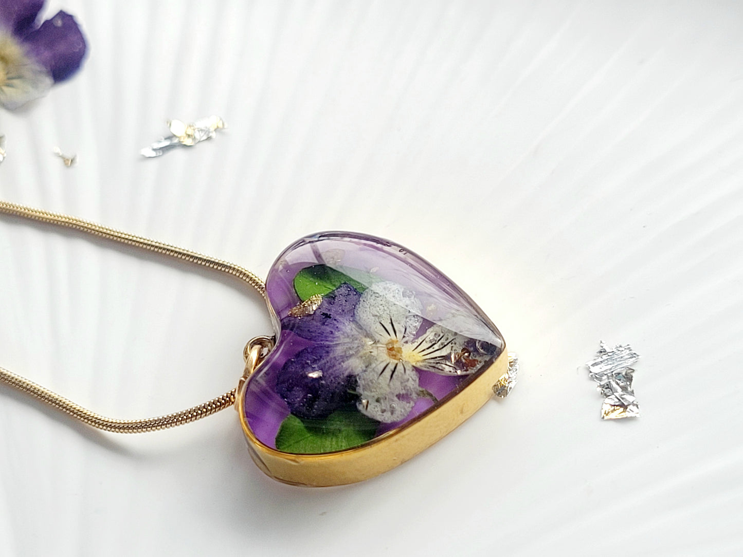 Pansy flower heart necklace