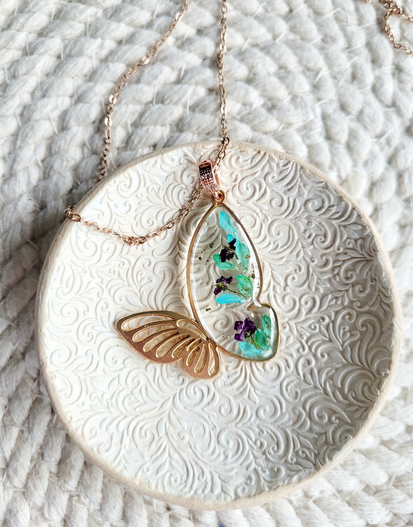 Botanical, handcrafted butterfly necklace with genuine teal genista flowers. Unique gift