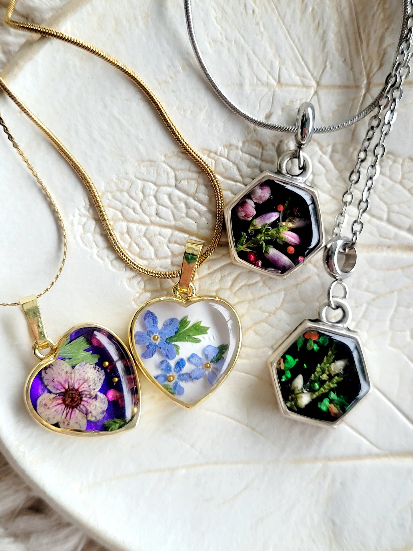 Purple wildflower heart necklace with genuine flowers