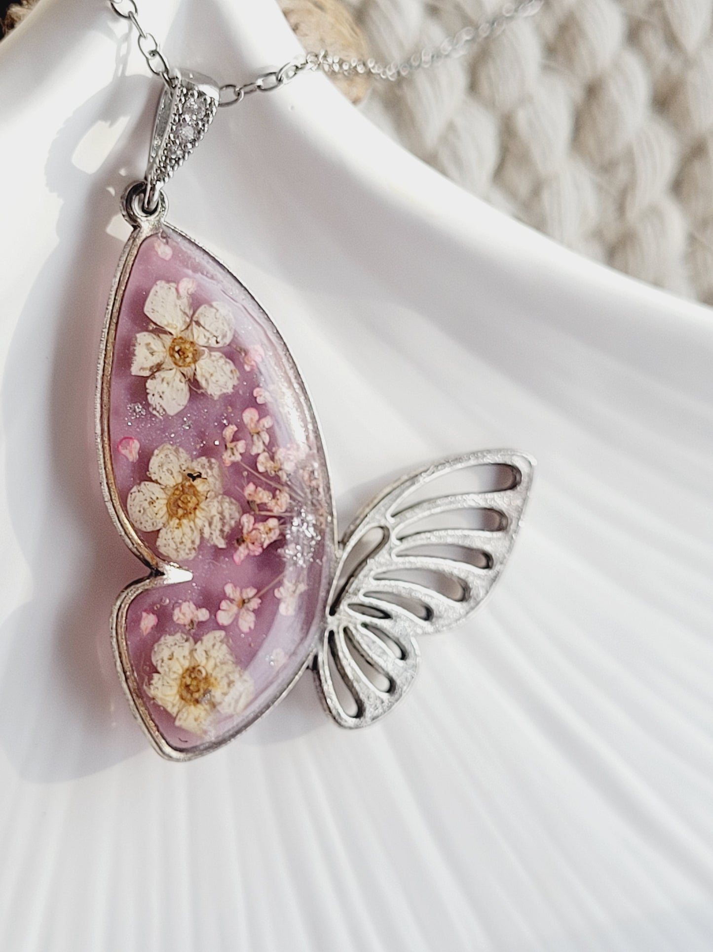 Botanical, handcrafted white and pink butterfly necklac with genuine flowers. Unique gift