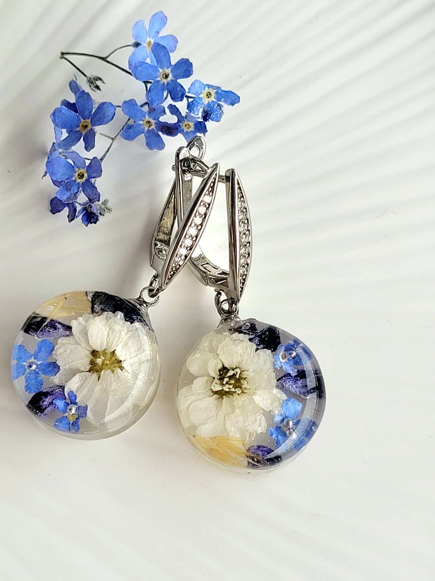 Foget me not and white pearl flower earrings