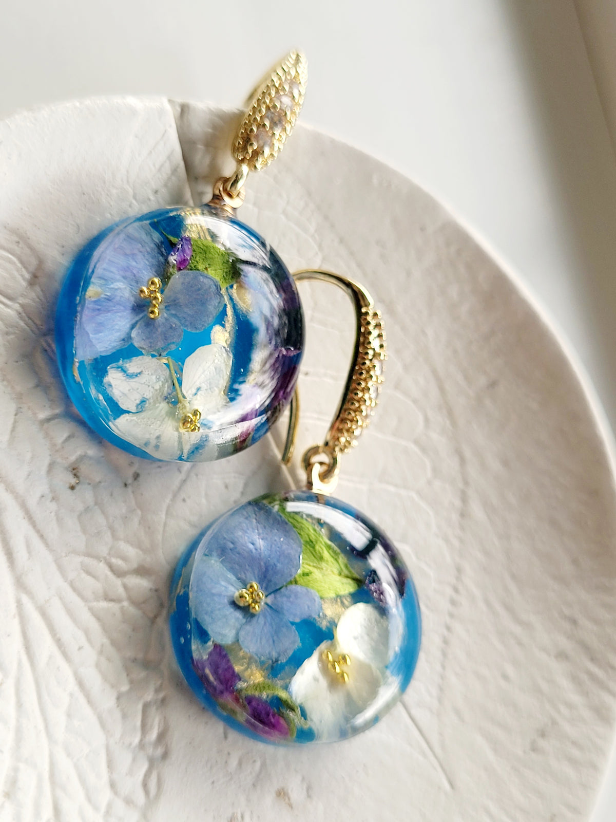 Botanical, handcrafted earrings with real hydrangea flowers. Unique Gift.
