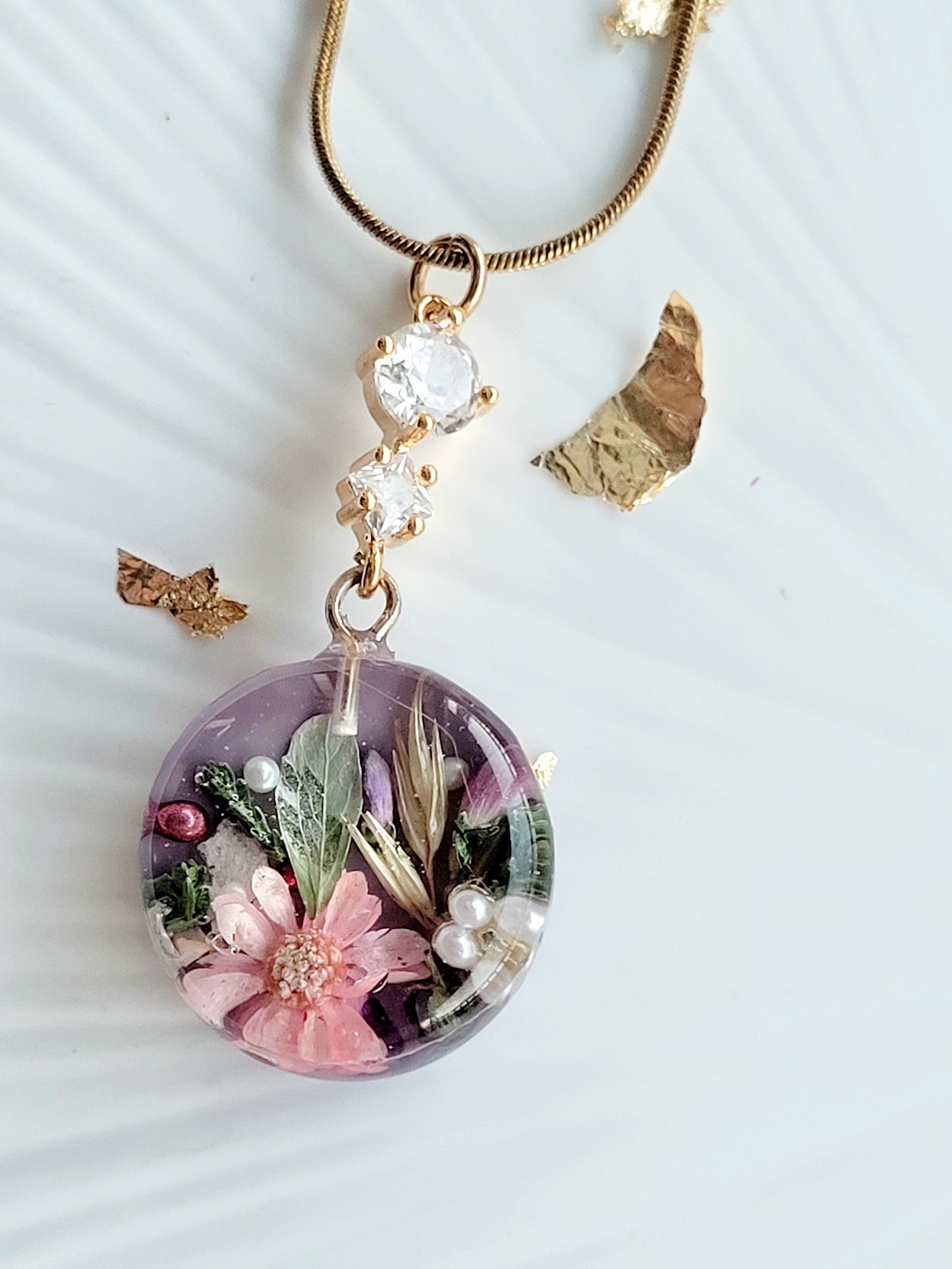 Blooming Meadow Pendant. Botanical necklace with real flowers